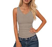 Oberteile Damen Sommer Ärmellose Schmal Geschnittenes Damen-Top Mit V-Ausschnitt Basic-Strickoberteil Tops Sexy Shirt Tanktop Tshirt Ärmellos Für Bluse T Blusentop Tank Top Lang Oberteil Khaki XXL