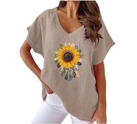 Oberteile Damen Sommer Leinen Kurzarm V-Ausschnitt Bluse Tunika Longshirt Grosse Grössen Leinenoberteile Leinenbluse Sonnenblume Print Tshirt Lose Elegant Pullover T Shirt Tops