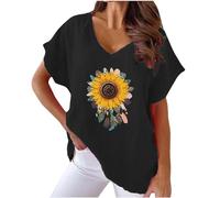 Oberteile Damen Sommer Leinen Kurzarm V-Ausschnitt Bluse Tunika Longshirt Grosse Grössen Leinenoberteile Leinenbluse Sonnenblume Print Tshirt Lose Elegant Pullover T Shirt Tops