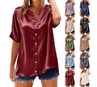 Oberteile Damen Sommer Locker Satin-Bluse Elegant Kurzarm Elegante Seide-Blusen Mit Knopfleiste Hemdbluse Leicht Schlupfbluse Luftig Sommerblusen Seiden-T-Shirts Longshirt/Langarmshirt