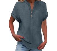 Oberteile Damen Sommer, Musselin Leinenbluse Damen 2025 Frauen Sommer Tshirt Baumwolle Leinen T-Shirt Knopf V-Ausschnitt Tunika Tops Casual Tshirts Trendy Strandkleid Bluse, dunkelgrau 3XL