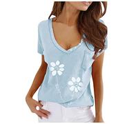 Oberteile Damen Sommer -T Shirt Damen V Ausschnitt -Kurzarm Bluse Damen Elegant mit Blumen Muster Knopfleiste Lässig Hemdbluse Tunika Große Größen Tops Teenager Mädchen Blusen & Tuniken für Frauen