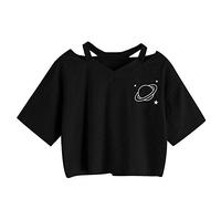 Oberteile Frauen Sommer, Ulanda Teenager Mädchen Mode Crop Top Sport V-Ausschnitt Shirt Bluse Damen Casual Rose Stickerei Kurzarm T-Shirts Hemd Tops Pullover Sale (Schwarz 2, XL)