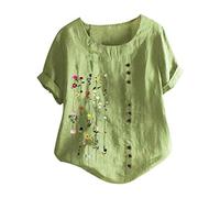 Oberteile Leinenbluse Grosse Grössen Leinenoberteile Tshirt Kurzarm Übergröße Hemdbluse Leinen Bluse Damen Sommer T Shirt Pullover Tops Blumen Print Mode Lose Tunika Elegante Casual