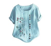 Oberteile Leinenbluse Grosse Grössen Leinenoberteile Tshirt Kurzarm Übergröße Hemdbluse Leinen Bluse Damen Sommer T Shirt Pullover Tops Blumen Print Mode Lose Tunika Elegante Casual