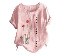 Oberteile Leinenbluse Grosse Grössen Leinenoberteile Tshirt Kurzarm Übergröße Hemdbluse Leinen Bluse Damen Sommer T Shirt Pullover Tops Blumen Print Mode Tunika Teenager Mädchen Sommershirts