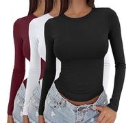 oberteile teenager mädchen,Pack of 3 Basic Long Sleeve Shirt Women's Y2K Top Slim Fit Tight Black White Crew Neck Undershirt Elegant Sexy Tops Cropped Casual Going Out Athletic Top Teenager Streetwear
