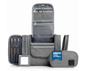 Obics Kulturbeutel Herren & Damen Gross grau 8L XL - Kulturtasche zum Aufhängen & mit Spiegel - Toiletten-Tasche mit Henkel hängend - Kosmetik-Beutel groß - Waschtasche 10 Fächer für Camping Reisen