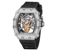 OBLVLO Luxus Stil Finger Diamanten Tonneau Skelett Mechanische Uhr für Herren Silikonband Wasserdicht Automatik Selbstaufzug Uhr XM-FIG-D, XM-FIG-D-YGBR, Large, Modern