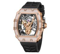 OBLVLO Luxus Stil Finger Diamanten Tonneau Skelett Mechanische Uhr für Herren Silikonband Wasserdicht Automatik Selbstaufzug Uhr XM-FIG-D, XM-FIG-D-PGBR, Large, Modern