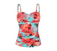 Ocean Blues Damen Tankini Oberteil mit abnehmbaren Trägern und Bauchkontroll Raffung Bikini Top für Strand und Pool in Blauer Blumenprint Größe M