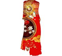 Ocean Plus Damen Frühling Sommer Langer Rock V-Ausschnitt Langärmelig Taschendruck Lockeres Kleid (5XL, Goldene Blumen auf rotem Hintergrund)