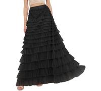 Ocean Plus Damen Langer Rock Eleganter Einfarbiger Hoch Taillierter Mesh-Kuchenrock Flauschiger Maxirock (S (EU 32-34), Schwarz)