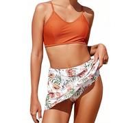 Ocean Plus Damen Zweiteiliger Bikini Set mit Baderock Rückenfrei Bedruckter Bikini mit Verstellbare Trägern Skort Bademode (XXL (EU 42-44), Orange)