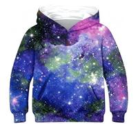 Ocean Plus Jungen Fleece Digitaldruck Hoodie Unisex Langarm Kapuzenpullover Kinder Sweatshirt mit Kapuzen (L (Körpergröße: 145-150 cm), Grüne lila Galaxie)