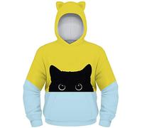 Ocean Plus Jungen Kapuzenpullover mit Katzenohren Langarmshirt mit Digitaldruck Kinder Tierdruck Sweatshirt Kätzchen Pullover (L (Körpergröße: 145-150cm), Kleine Schwarze Katze)