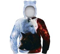 Ocean Plus Jungen Kapuzenpullover mit Katzenohren Langarmshirt mit Digitaldruck Kinder Tierdruck Sweatshirt Kätzchen Pullover (L (Körpergröße: 145-150cm), Engel und Teufel Wölfe)