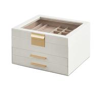 Ochama x SONGMICS Schmuckbox mit Glasdeckel, 2 Schubladen, Schmuckaufbewahrung, modern, viel Stauraum, Geschenkidee, weiß-golden