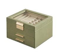 Ochama x SONGMICS Schmuckkasten 3 Ebenen, Schmuckbox mit Glasdeckel, 2 Schubladen, Schmuckaufbewahrung, avocadogrün-gold