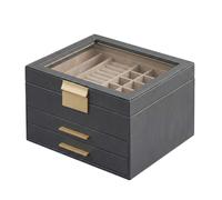 Ochama x SONGMICS Schmuckkasten 3 Ebenen, Schmuckbox mit Glasdeckel, 2 Schubladen, Schmuckaufbewahrung, grau-gold