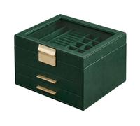 Ochama x SONGMICS Schmuckkasten 3 Ebenen, Schmuckbox mit Glasdeckel, 2 Schubladen, Schmuckaufbewahrung, waldgrün-gold