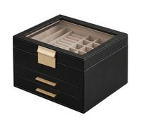Ochama x SONGMICS Schmuckkasten 3 Ebenen, Schmuckbox mit Glasdeckel, 2 Schubladen, Schmuckaufbewahrung, schwarz-gold