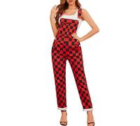Odefou Karierte Hose, Damen-Overall, modisch, Lätzchen, Overall, niedlicher Stretch-Jeans, Jumpsuit, Rot und Schwarz kariert, XX-Large