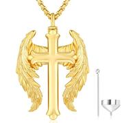 Odinstone Urnen Kette für Asche Silber 925 Anhänger für Die Asche des Verstorbenen Gold Kreuz Engelsflügel Amulett Halskette Urnen Medaillon Schmuck zum Befüllen