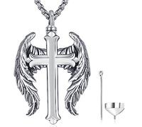 Odinstone Urnen Kette für Asche Silber 925 Anhänger für Die Asche des Verstorbenen Kreuz Engelsflügel Amulett Halskette Urnen Medaillon Schmuck zum Befüllen