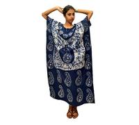 Odishabazaar Damen-Kaftan-Maxikleid aus Baumwolle, Nachtblau / Weiß, Blau, FLOOR LENGTH