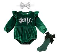 Odizli 1 Geburtstag Mädchen Outfit Samt Langarm Strampler Body Overall+Socken+Stirnband Herbst Winter Kleidung Neugeborenes Baby Fotoshooting Babykleidung Babysachen Set Grün One 6-12 Monate