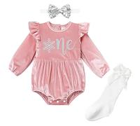 Odizli 1 Geburtstag Mädchen Outfit Samt Langarm Strampler Body Overall+Socken+Stirnband Herbst Winter Kleidung Baby Fotoshooting Babykleidung Babysachen Set Rosa Schneeflocke One 12-18 Monate