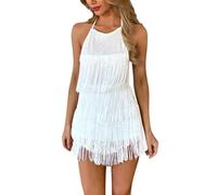 Odizli 20er Jahre Kleid Damen Gatsby Charleston 1920er Sexy Neckholder Backless Fransenkleid Minikleid Tanzkleid Hochzeit Party Festival Rave Kurz Jumpsuit Overall Romper Hosenrock Weiß M