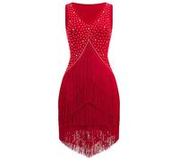 Odizli 20er Jahre Kleid Frauen Damen Vintage Retro Flapper Great Gatsby Glitzer Strass Fransenkleid 1920er Party Charleston Kostüm Ärmellos Sexy V-Ausschnitt Bodycon Kurz Latein Tanzkleid Rot L