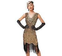 Odizli 20er Jahre Kostüm Damen Vintage Gatsby Glitzer Pailletten 1920er Charleston Flapper Fransenkleid Frauen Sexy Ärmellos V-Ausschnitt Kurz Abendkleid Hochzeit Party Cocktailkleid Gold Schwarz M