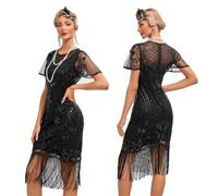 Odizli 20er Jahre Kostüm Damen Vintage Gatsby Glitzer Pailletten 1920er Charleston Flapper Fransenkleid Frauen Rüschen Kurzarm Kurz Bodycon Abendkleid Hochzeit Party Cocktailkleid Schwarz 3XL