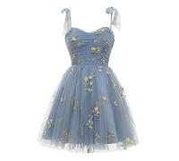 Odizli Abendkleid Kurz Damen Elegant Sexy Spaghettiträger Stickerei Blumenkleid Tüllkleider Festlich Hochzeit Ballkleid Hochzeitsgast Sommerkleid Abschlusskleid Cocktailkleid Partykleid Blau 3XL