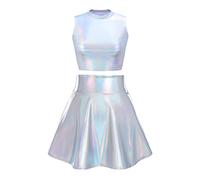 Odizli Alien Kostüm Damen Hoher Kragen Metallic Glitzer Crop Top+Mini Röcke Rave Outfit