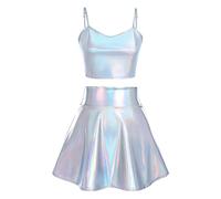 Odizli Alien Kostüm Damen Sexy Metallic Glitzer Crop Top+Mini Röcke Rave Outfit