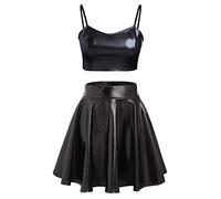 Odizli Alien Kostüm Damen Sexy Metallic Glitzer Crop Top+Mini Röcke Rave Outfit