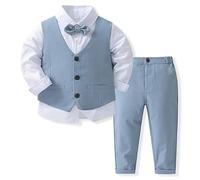 Odizli Anzug Kinder Jungen Festlich Hochzeit Einschulung Kleidung Set Gentleman Langarm Hemd + Weste + Hose + Fliege 4tlg Outfit Geburtstag Taufkleidung Herbst Kinderanzüge Hellblau 3-4 Jahre