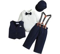 Odizli Baby Anzug Junge Taufanzug Langarm Strampler Body+Hosentrger Hose+Weste+Fliege+Mtze 5tlg Bekleidungssets Hochzeit Festlich Babykleidung Taufbekleidung Fotoshooting Dunkelblau 12-18 Monate