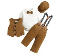 Odizli Baby Anzug Junge Taufanzug Langarm Strampler Body+Hosentrger Hose+Weste+Fliege+Mtze 5tlg Bekleidungssets Hochzeit Festlich Babykleidung Taufbekleidung Fotoshooting Khaki 18-24 Monate