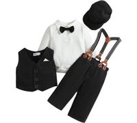 Odizli Baby Anzug Junge Taufanzug Langarm Strampler Body+Hosentrger Hose+Weste+Fliege+Mtze 5tlg Bekleidungssets Hochzeit Festlich Babykleidung Taufbekleidung Fotoshooting Schwarz 18-24 Monate