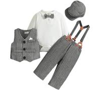 Odizli Baby Anzug Junge Taufanzug Langarm Strampler Body+Hosentrger Hose+Weste+Fliege+Mtze 5tlg Bekleidungssets Hochzeit Festlich Babykleidung Taufbekleidung Fotoshooting Grau 6-12 Monate