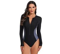 Odizli Badeanzug Damen Bauchweg Sport Langarm Reißverschluss Blume Badeanzüge mit Cups Schwimmanzug Frauen UPF 50+ Rashguard Bademode Einteiler Strandmode Surfanzug Kurz Neoprenanzug Schwarz Grau M