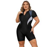 Odizli Badeanzug Damen Große Größe für Mollige Frauen Sport Bauchweg Schwimmanzug mit Bein Kurzarm/Ärmellos Blumen Druck Neopren Kurz Neoprenanzug Rashguard Surfer Bademode Surfanzug Grau L