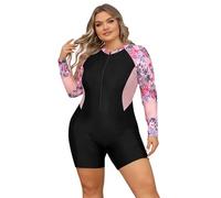 Odizli Badeanzug Damen Große Größe für Mollige Frauen Sport Bauchweg Schwimmanzug mit Bein Kurzarm/Ärmellos Blumen Druck Neopren Kurz Neoprenanzug Rashguard Surfer Bademode Surfanzug Rosa XXL