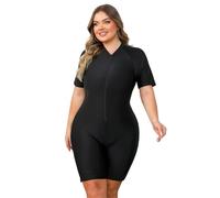 Odizli Badeanzug Damen Große Größe Sport Schwimmanzug mit Bein Mollige Frauen Kurzarm Reißverschluss Bauchweg Kurz Neoprenanzug Surfanzug Surfer Grosse Grössen Badeanzüge Bademode Schwarz 4XL