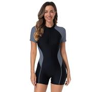 Odizli Badeanzug Damen mit Bein Kurzarm Reissverschluss Sport Bauchweg Schwimmanzug Badeanzge mit Cups Frauen Muslim Burkini Bademode Neopren Kurz Neoprenanzug Surfanzug Groe Gre Schwarz Grau L
